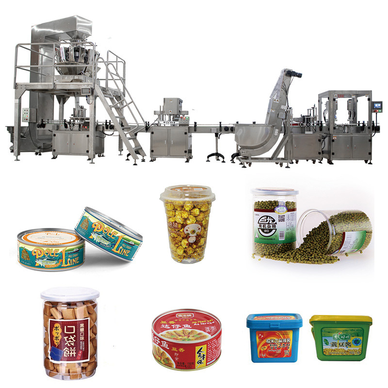 Linha automática doces do engarrafamento do caramelo que pesam a máquina tampando de enchimento do frasco giratório reto da caixa da lata