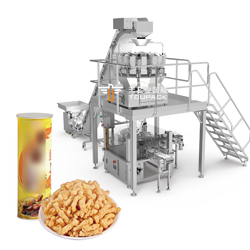 Sistema de pesagem multicabeças para batatas fritas automático Máquina de embalagem de camarão e batata frita Máquina de embalagem de alimentos inflados e granulados