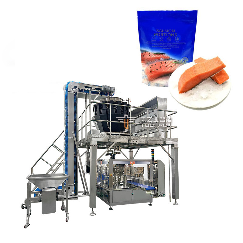 Máquina Automática de Embalagem para Jerky de Frango e Carne, com Zíper, Pré-Fabricada, Pesagem e Enchimento, para Frutos do Mar Congelados, Embalagem Doypack