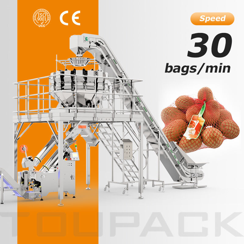 Linha de embalagem de sacos de malha de batata industrial com saco de enchimento automático de pesador e insertor de etiquetas