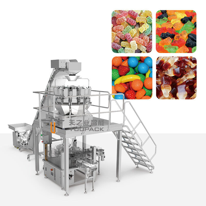 Máquina automática de enchimento de latas de pipoca para doces, balança multicabeça, linha de embalagem de enchimento de frascos de plástico