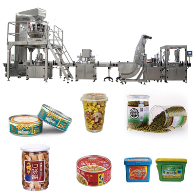Linha automática doces do engarrafamento do caramelo que pesam a máquina tampando de enchimento do frasco giratório reto da caixa da lata