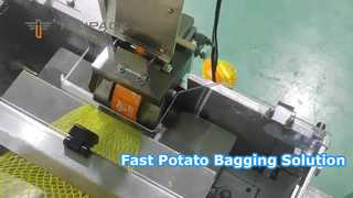 Linha de empacotamento industrial do saco da malha da batata com corte e etiqueta automáticos do enchimento do saco da rede do pesador